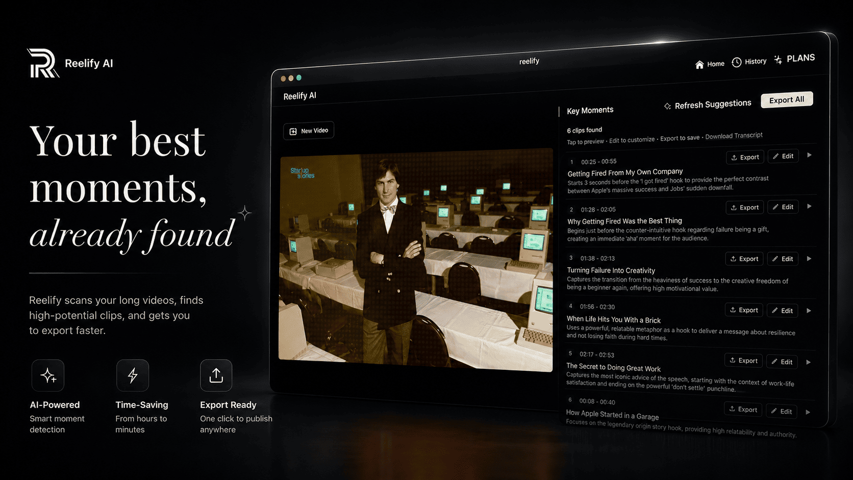 Reelify AI on Mac showing the Key Moments panel with six suggested clips, each with timestamps, a title, a hook description and Export and Edit buttons.